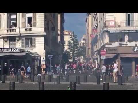 Russian Hooligans attacking England Supporters who try to flee before the match Russia   England