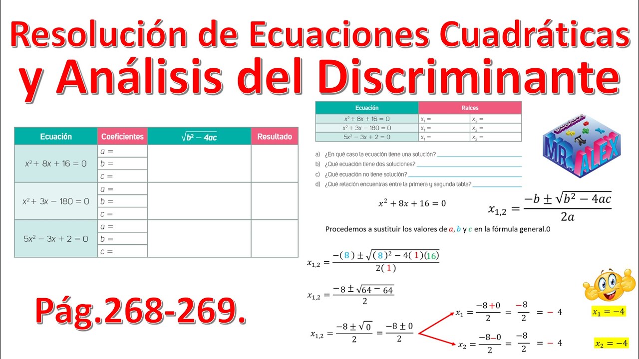 Resolución de ecuaciones cuadráticas y análisis del discriminante página 268 y 269