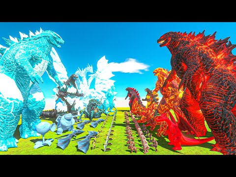 Team Ghidorah + Ice Godzilla VS Fire Godzilla + Team Thermo Burning - Animal Revolt Battle Simulator