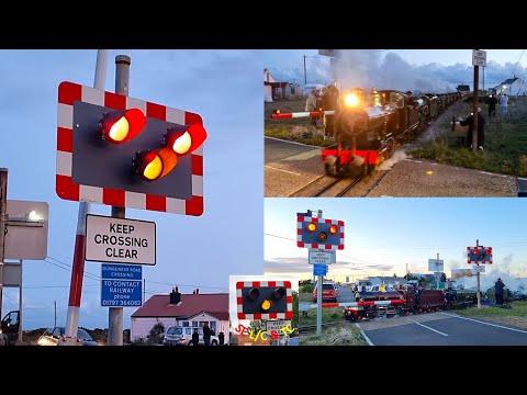 Impressive Gala Finale action at Dungeness Road Level Crossing, Romney, Hythe & Dymchurch Railway!