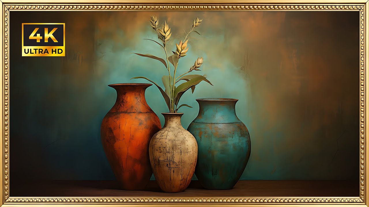 Rustic Terracotta & Turquoise Vases with Wheat | Gold Framed 4K Art Screensaver | TV Wallpaper