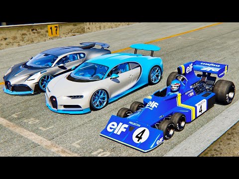 Tyrrell F1 6 wheels vs Bugatti Divo vs Bugatti Chiron - Highlands