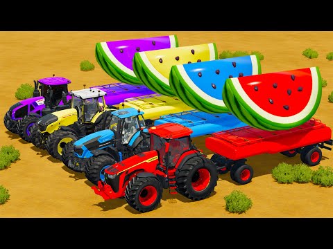 CLAAS vs JOHN DERRE vs FENDT vs DEUTZ FAHR TRACTORS BATTLE WITH WATERMELONES & FUEL TANKS - Farming
