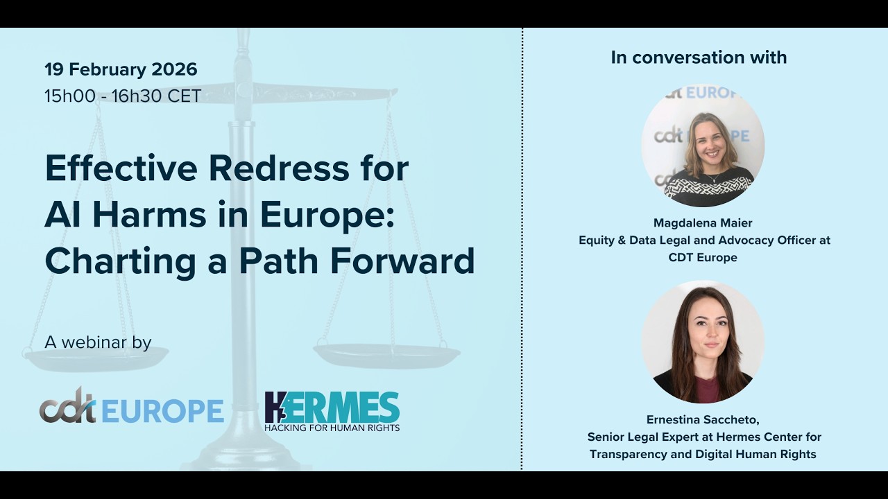 Webinar "Effective Redress for AI Harms in Europe" by CDT Europe & Hermes Center