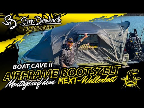 Welsfischen | Black Cat AIRFRAME Bootszelt # Special Boat Cave II | Montage auf dem MEXT Wallerboot