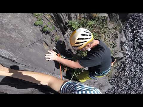 Rock climbing in Dinorwic Quarry 2 pitches of Smaug 6b 6c Twll Mawr