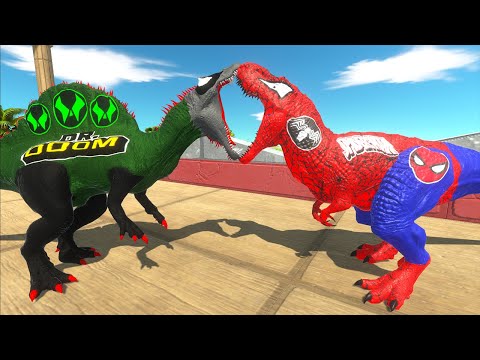 DOCTOR DOOM SPINO VS SPIDERMAN T-REX VS FLASH BRACHIO DEATH RUN - Animal Revolt Battle Simulator