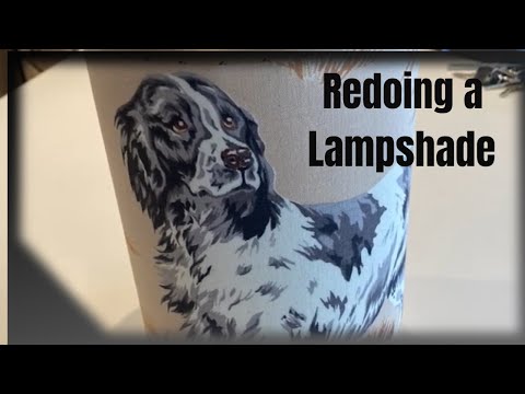 Lamp Shade Redo using vintage dog fabric!  DIY how to recover a lamp shade.