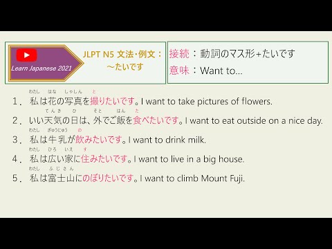 029 Learn Japanese JLPT N5 文法・例文：～たいです