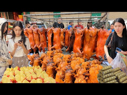 Amazing Cambodian Food Market Scenes - Best Selling Roasted Pigs, Chicken & Duck On Chinese New Year