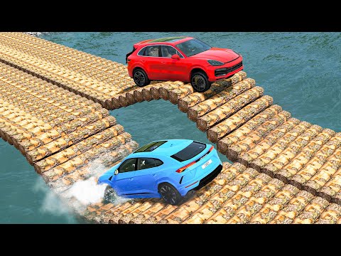 Cars vs 2 Log Bridges and Deep Water - BeamNG.Drive