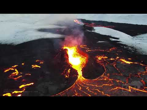 04-10-2021 Grindavik, Iceland - Drone Amazing Volcano at Night Draws Crowds