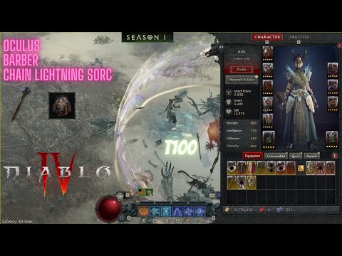 98 Oculus Barber Chain Lightning Sorc T100 Solo (Nostrava Deepwood) - Diablo 4 Season 1