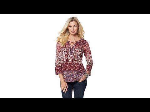 Lucky Brand BohoPrint LaceUp Peasant Top  Missy