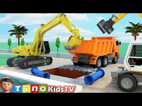 Excavator Hydraulic Hammer Drill \u0026 Clamp Trucks for Kids | Fountain Pipe Repair