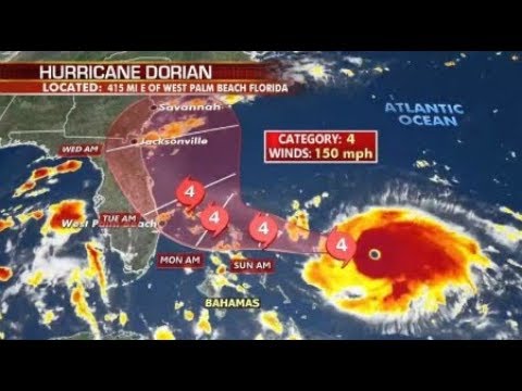Hurricane Dorian Forecast Path Northern Bahamas 150 MPH winds near Category 5 September 2019 Video