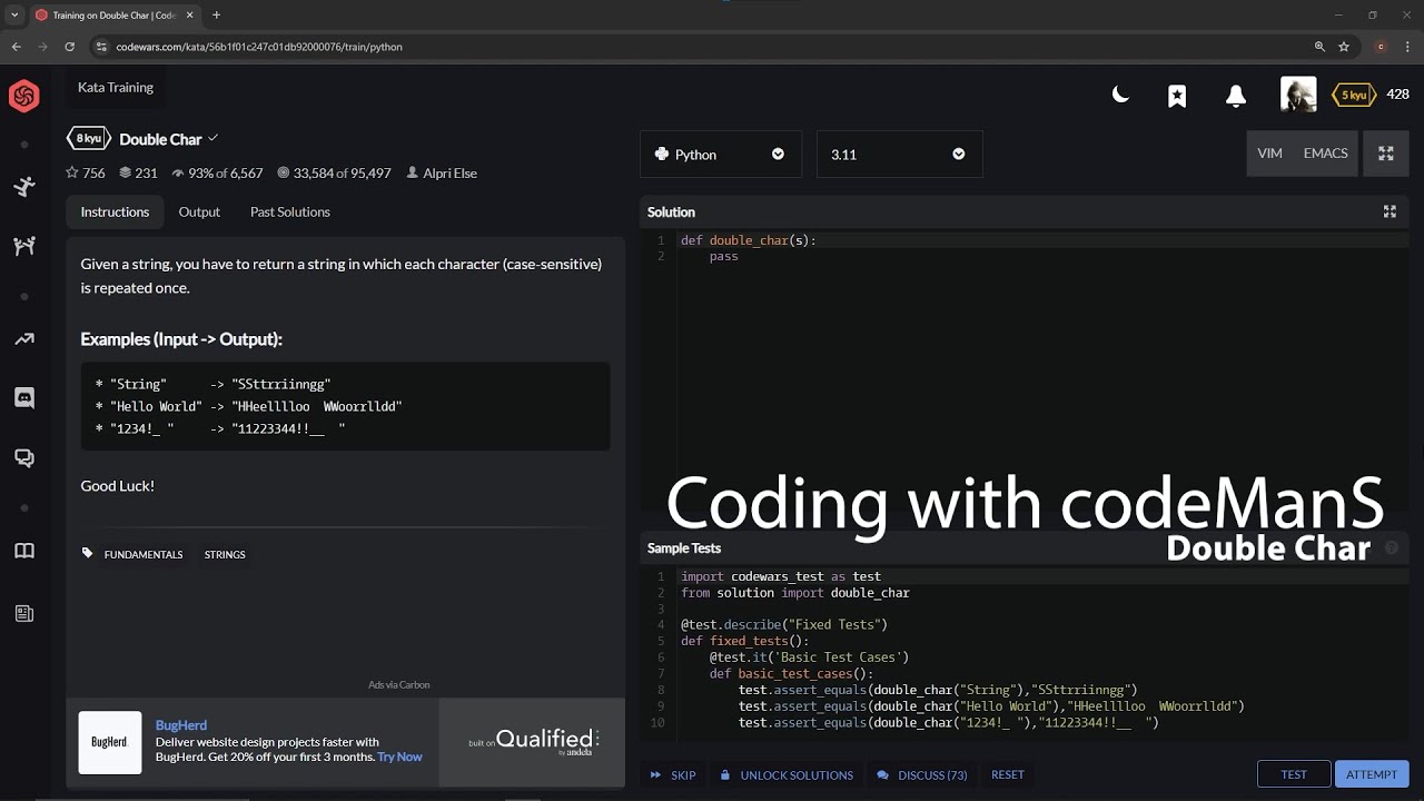Codewars: Python | 8 kyu | Double Char