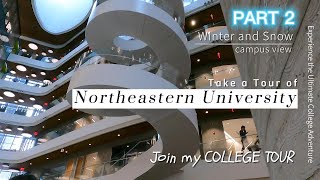 #2 Campus Tour Northeastern University Boston MA in cold snow day, campus building walling tour