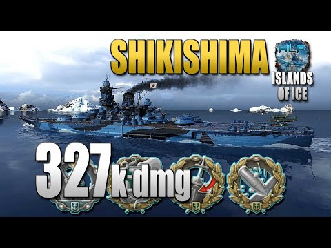 Battleship Shikishima on map Islands of Ice, 327k damage - World of Warships