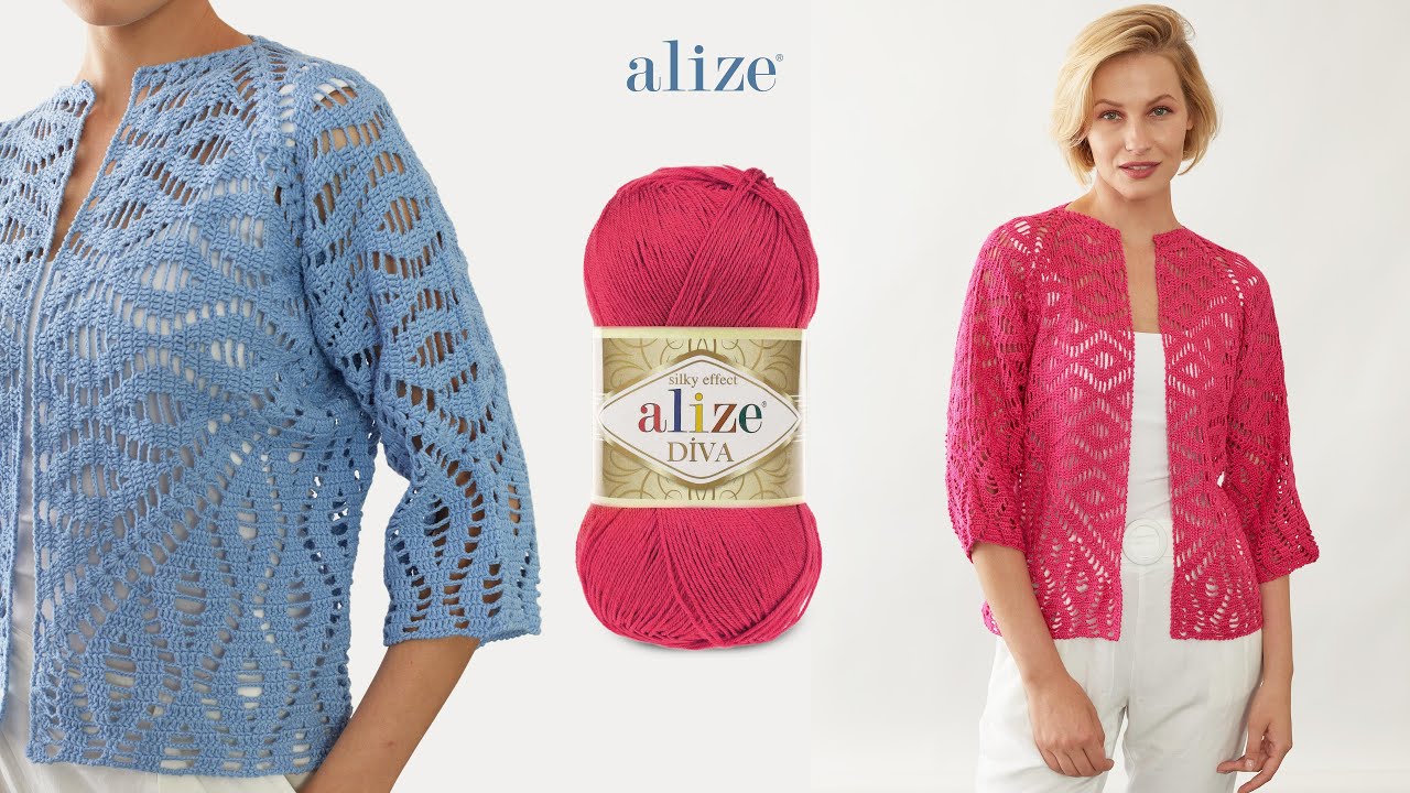 Diamond Motif Hexagon Cardigan with Alize Diva and Alize Cotton Gold