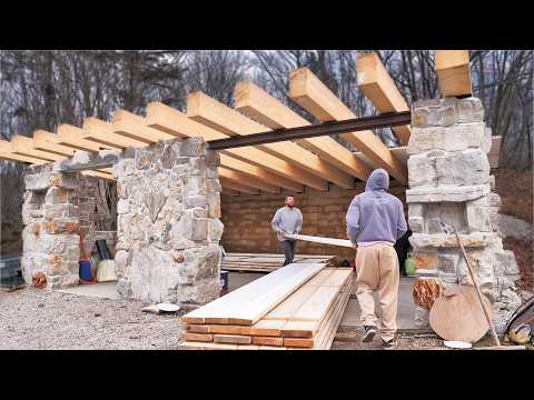 Building Workshop at Off Grid Log Cabin / Roof Almost Covered