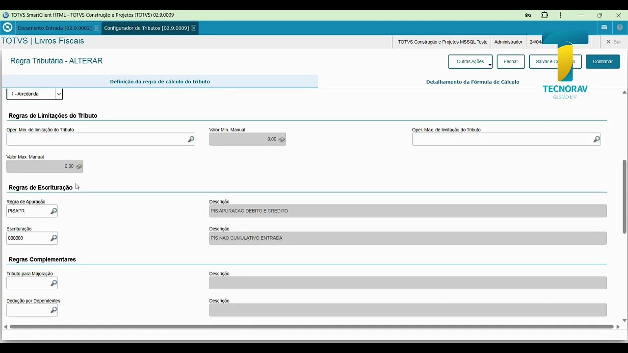 Regra de Cálculo Documento Fiscal - Configurador de Tributos: PIS e CONFINS a Crédito