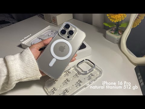 Natural Titanium iPhone 16 Pro 🩶 — unboxing, accessories, pink powerbank, set up! 🎀🦢