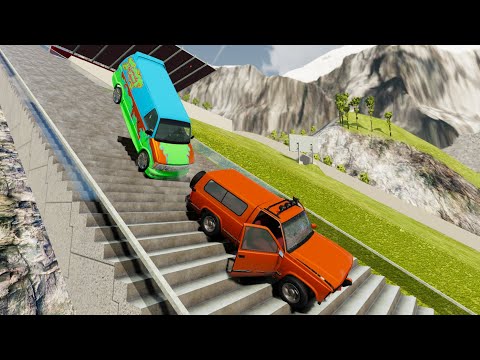 Jeep & Vans Stairs Jumps Down With Slow Motion (Crash Test) - BeamNG.drive Down Stairs Jumps In Pool