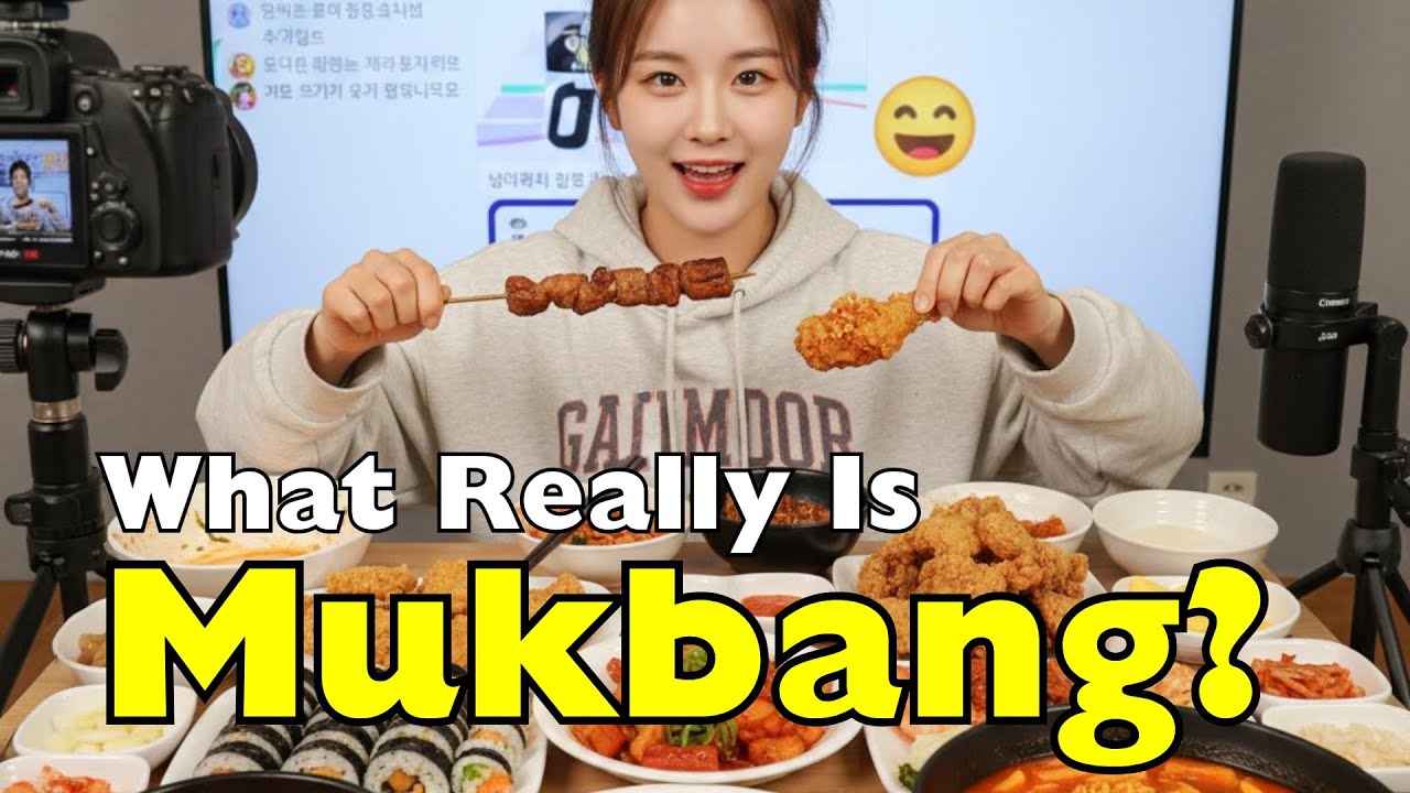 A Korean mukbang creator sitting in front of a large spread of Korean food including fried chicken noodles and side dishes with a camera setup