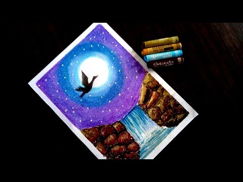 How to Draw moonlight waterfall Scenery with Oil pastels | very easy