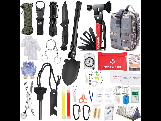 Vídeo relacionado con Kit de Supervivencia de Emergencia al Aire Libre con botiquín de Primeros Auxilios, WayinTop Equipo de Supervivencia con Hacha Multi-Herramienta, Pala Plegable, brújula Manta de Rescate (Camuflaje)