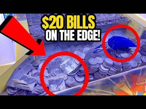 $20 BILLS “GOT STUCK” ON THE EDGE! Can We Profit!? Quarter Coin Pusher Machine! (MUST WATCH)