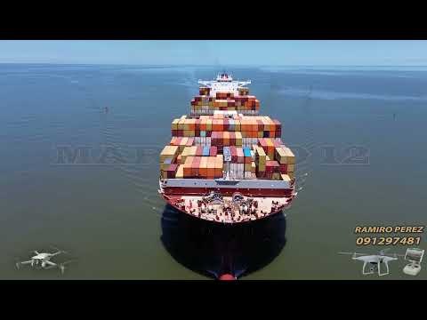VIDEO DRON LLEGADA AL PUERTO DE MONTEVIDEO DEL PORTACONTENEDORES BREMERHAVEN EXPRESS Y AVANCE OBRAS.