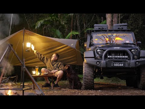 Solo CAR CAMPING in RAIN FOREST [ relaxing in cosy Tarp Shelter, comfort food, with my Dog , ASMR ]