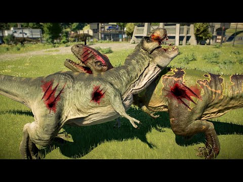 2x T-REX vs 2x GIGANOTOSAURUS BREAKOUT AND FIGHT - Jurassic World Evolution 2