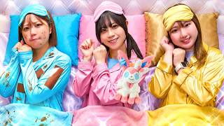 メガお金持ちvsお金持ちvsそうではない子でお泊まり会！？リッチなお友達とパジャマパーティーをしたら…金ピカでキラキラのパジャマやベッド！金ピカの枕で枕投げ対決⁉︎みんなで仲良く遊べるかなぁ？【寸劇】