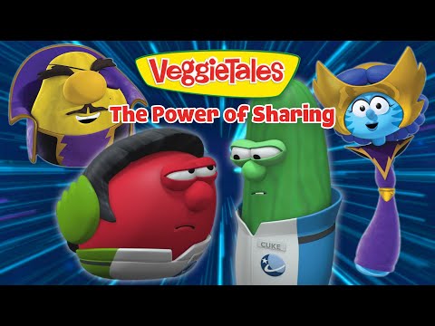 Thumbnail for VeggieTales: The Power of Sharing featuring red and green veggies facing each other with blue burst background and other characters nearby.