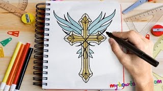 How to draw a Cross with Angel Wings - Easy step-by-step drawing lessons for kids