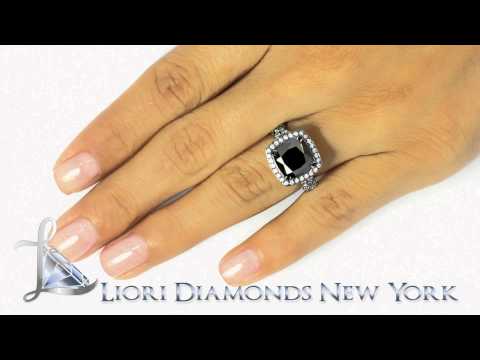 BDR-097 - 5.09 Carat Cushion Cut Black Diamond Ring 18k Black Gold Pave Halo Vintage Style