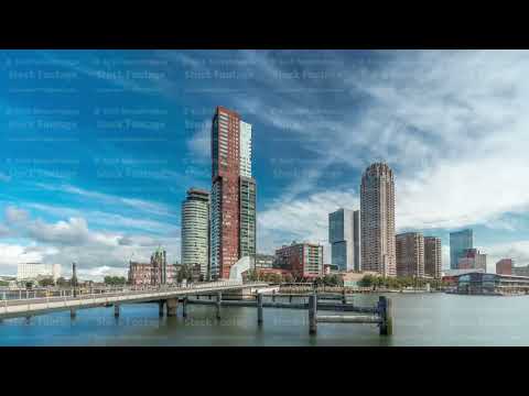 Hyperlapse of the Rijnhaven Bridge with skyscrapers in Rotterdam, Netherlands.