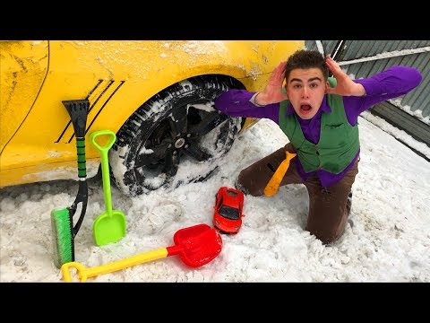 Red Man found Snow Shovel VS Mr. Joe on Chevy Camaro in Car Service & Toy Cars under Hood for Kids Video