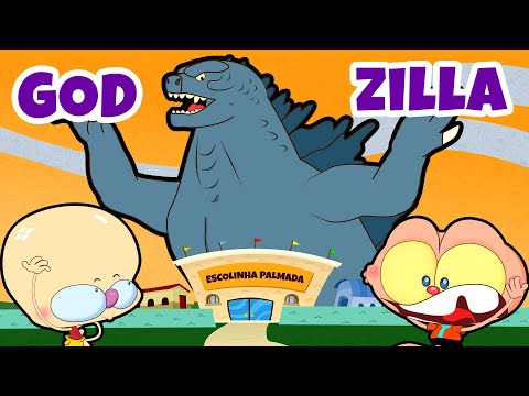 Capa de Mongo e Drongo contra Godzilla que ameaça a Escolinha de Mongo e Drongo e sua turma. Desenho animado
