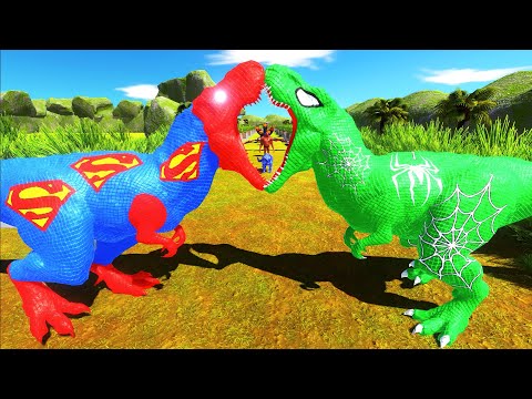 SUPERMAN T-REX vs GREEN SPIDERMAN T-REX DEATH RUN TROPICAL - Animal Revolt Battle Simulator