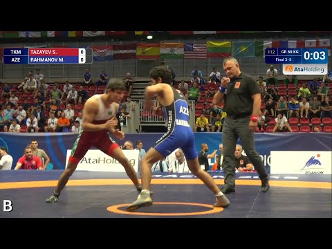 BRONZE GR - 60 kg: S. TAZAYEV (TKM) df. M. RAHMANOV (AZE) by FALL, 2-2