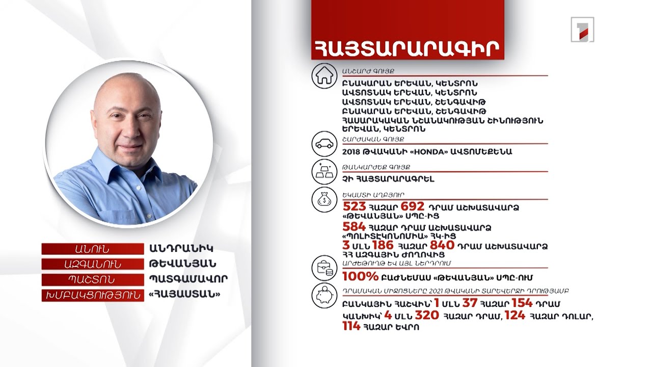 5 անշարժ գույք, 124 հազար դոլար. պատգամավոր Անդրանիկ Թևանյանի հայտարարագիրը