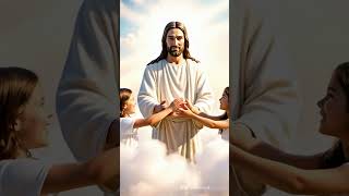 Jesus Christ with a gentle expression stands among fluffy white clouds