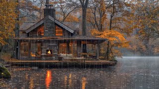 Lakeside Porch Ambience | Autumn Rainy Morning And Bonfire Burning For Sleep, Relax, Rest🔥