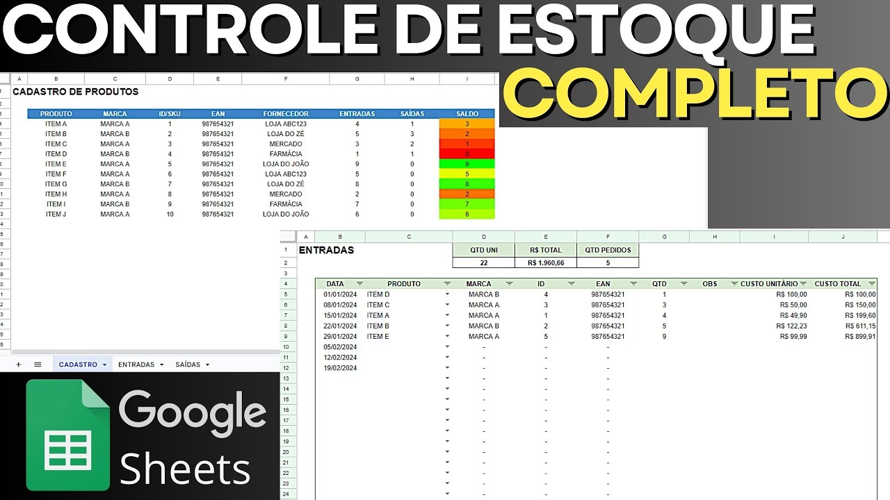 Controle de Estoque no Google Planilhas | Como Fazer Passo a Passo | Com Cadastro de Produtos