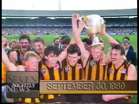 1989 VFL Grand Final - CH 7 news report by Drew Morphett/interview of Peter Curran