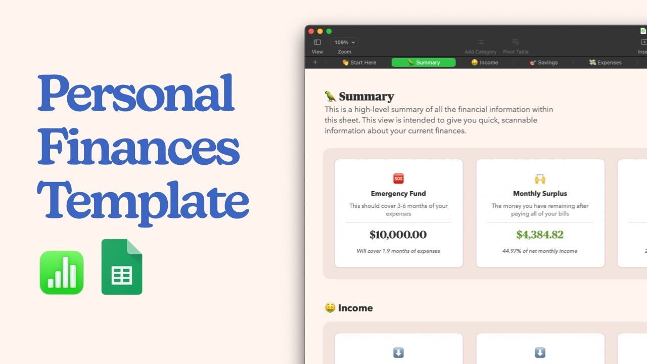 Personal Finances/Budget Spreadsheet with Template - Apple Numbers and Google Sheets